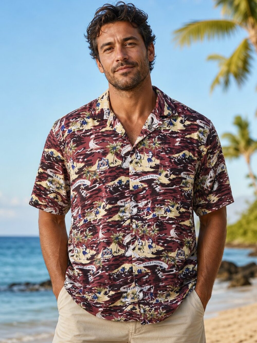 KoKo Knot “Land of Aloha” Hawaiian Shirt in Burgundy & Cream • Size XL